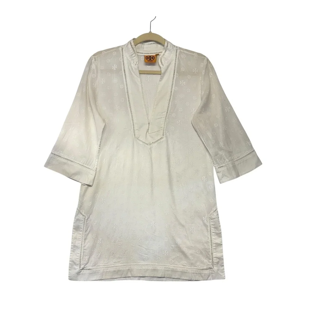 Tory Burch White Logo Print Tunic Quiet Luxury Swim Coverup Dress Elevated Small